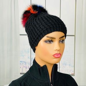 NWT Classic Knit Beanie with Multi-Color Fox Pom